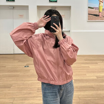 野u家23春秋新款纯色棉质休闲茄克宽松长袖薄款连帽外套462181桃红色l