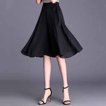 境雪纺阔腿裤女夏季洋气印花大摆裙裤百搭系带五分裤裙气质裤子 黑色