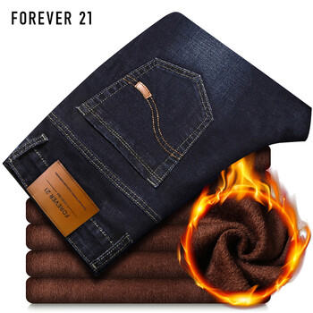 FOREVER 21加绒牛仔裤男秋冬季加厚直筒商务休闲裤子男宽松长裤 黑色 33码