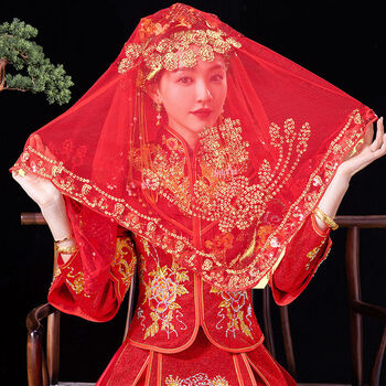 红盖头新娘结婚头纱中式秀禾服复古红色绣花缎面流苏蒙