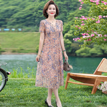 fdpv中老年连衣裙高档品牌夏季妈妈遮肚子40到50岁60女装气质雪纺洋气