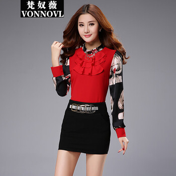 梵奴薇(VONNOVL)2016春装新款女士长袖加厚打底衫韩版修身显瘦烫钻雪纺衫小衫女 红色 XXL