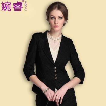 婉睿女装2016春装新款时尚修身七分袖肩章蕾丝短外套 小西装女 黑色 199元任选2件
