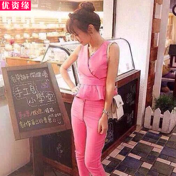 
                                        优资缘2015夏季韩版新款时尚新欧美潮流性感简约气质名媛修身套装休闲百搭小清新甜美夏套装 玫红色 M                