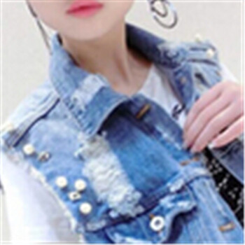 木易华玉2015新款 女装 时尚宽松休闲破洞钉珠牛仔马甲 蓝色 L