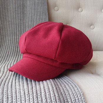秋冬新款毛呢八角帽女贝雷帽女秋冬文艺韩版帽子 酒红色 m(56-58cm)