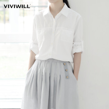 
                                        VIVIWILL 2018秋装新款女韩版新款白色纯棉衬衫百搭宽松显瘦长袖衬衣女 白色 均码                
