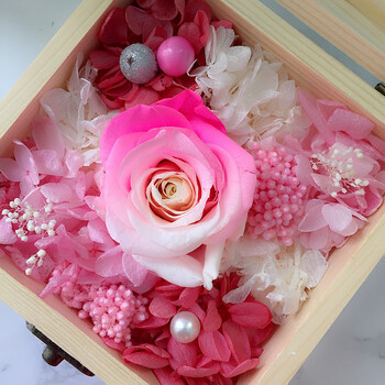 永生花 玫瑰干花真花永生花12cm小木盒保鲜花礼盒情人节生日礼物 粉彩
