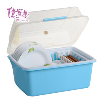 象顺 带盖欧式沥水碗架 沥水碗篮餐具收纳盒 沥水碗篮+盖子+浅蓝色