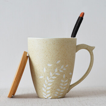 简约茶杯陶瓷杯子带盖勺马克杯个性日式 手绘水草
