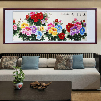 客厅装饰画国画牡丹花手绘花开富贵招财风水字画真迹横幅中式挂画