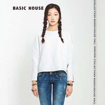 Basic House/百家好秋冬个性凹凸纹理时尚撞色T恤衫HOTS720J 象牙色/IV 155/85/S