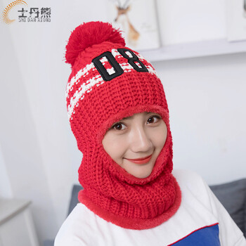 xiong韩国加绒骑车毛线帽子潮女可爱冬季百搭护耳帽针织帽保暖大红