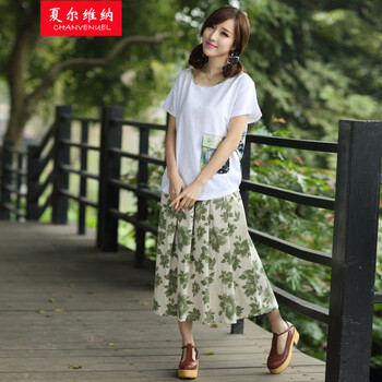 夏尔维纳夏季森系小清新新款女装 印花口袋 麻棉半身裙8132 图片色 均码