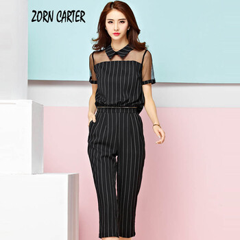 Zorn Carter2015夏装新款女装网纱拼接条纹连体裤欧美大牌时尚连衣裤子T1576 图片色 M