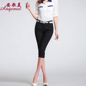 安歌美 2015夏装新款女装七分裤中腰女裤休闲裤显瘦马裤 黑色 XL
