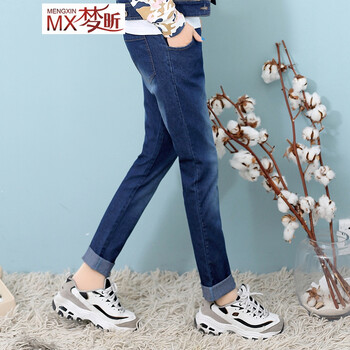 梦昕 初高中学生小直筒牛仔裤女2015春秋装新款少女长裤青少年卡通刺绣裤子 牛仔蓝 L