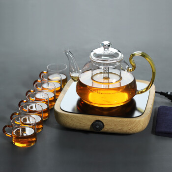 三界（SANJIE） 电陶炉茶壶套装烧茶器耐高温玻璃茶壶煮茶器功夫花茶壶茶杯 三界橡木色茶炉+玻璃壶+6杯+1茶巾