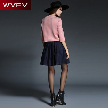 WVFV 2015秋季新品欧美七分袖PU粉色流苏时尚修身气质圆领短外套女 WW70003 粉色 4 M