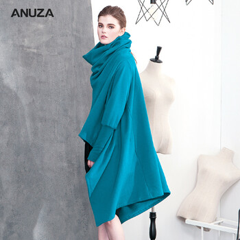 ANUZA2015秋装女装原创设计师不规则街头个性时尚欧美堆堆领斗篷卫衣大衣外套 蓝色  S  适合155-167身高
