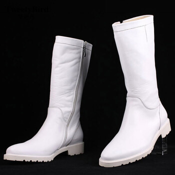 翠迪鸟皮靴男冬季保暖高筒时尚绅简约侧拉链潮男牛皮军靴 白色 38