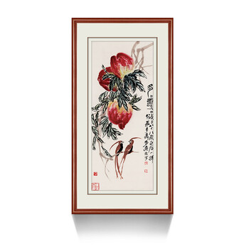 中式装饰画有框玄关走廊装饰画 挂画 齐白石 多寿图 湖山书苑 典雅红褐 装裱尺寸 57*110 cm