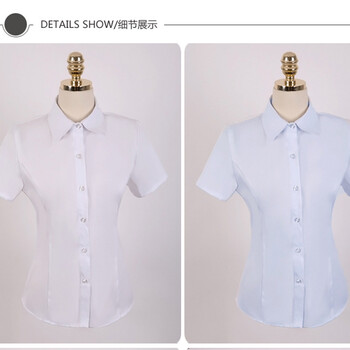韩娱 夏装职业装女装白衬衫女短袖韩版修身OL正装工装工作服衬衣 蓝色衬衫 L