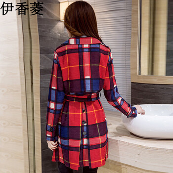 伊香菱2015秋冬新款女装时尚英伦格子翻领双排扣系腰带风衣外套 Y8010 红色 M