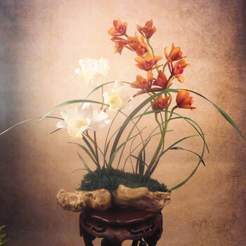 新中式兰花花艺套装仿真花假花客厅书房办公室茶几摆件艺术插花 桔