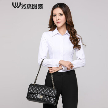 务杰 女衬衫长袖2016春秋装女士衬衣职业装新款女装套装工作服女式面试服上衣 白色衬衫+黑色西裤 S