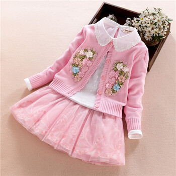 aves 女童纯棉毛衣三件套 2017秋冬新品中大童绣花翻领套装裙子三件套