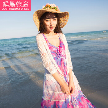 候鸟旅途新款开衫 女2015夏薄蕾丝开衫 波西米亚度假长袖系带 纯色显瘦白百搭上衣 纱网开衫 L