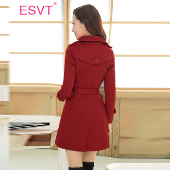 ESVT 韩版2015秋装新款时尚修身显瘦翻领长袖双排扣中长款风衣 女 配腰带 酒红色 XL