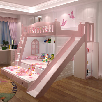 床上下床公主床多功能母子床滑梯双层床高低床 粉色双层床 拖床 滑梯