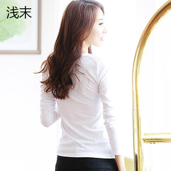 浅末（QIAN MO） 秋季款长袖T恤 韩版印花打底衫 圆领纯白长袖女式t恤 QA02款 均码