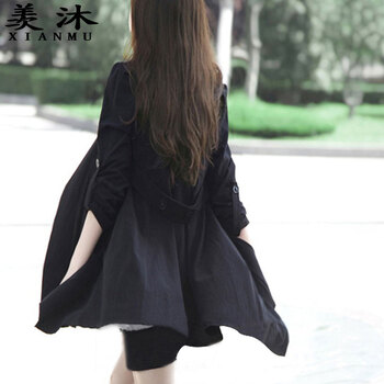 羡沐2015秋冬装新款女装休闲宽松个性时尚气质大码风衣外套上衣 黑色 XL