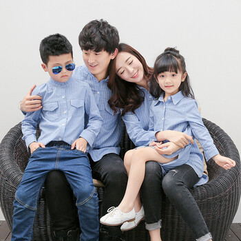 秋装新韩版衬衫一家三口休闲衬衣全家装子装 牛仔色 女9码(105-115)