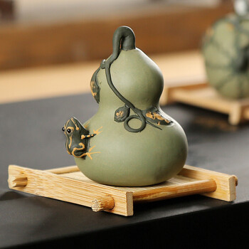 宜兴紫砂段泥喷水可养茶宠青蛙精品摆件茶道茶具配件茶玩 青蛙葫芦(青