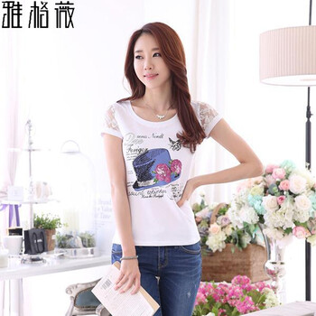
                                        俪韵小屋短袖t恤女纯白色夏季半袖tshirt圆领nv修身蕾丝拼接上衣919 白色 M                