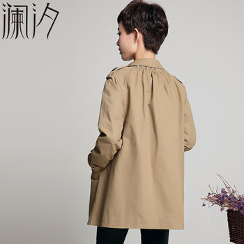 澜汐2015新款韩版女式风衣中长款春秋大码女装POLO领风衣外套女 卡其色 L