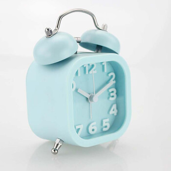 糖果色方形双铃闹钟 静音时钟 立体数字台钟 时尚现代懒人钟 蓝色