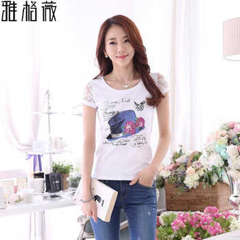 
                                        俪韵小屋短袖t恤女纯白色夏季半袖tshirt圆领nv修身蕾丝拼接上衣919 白色 M                