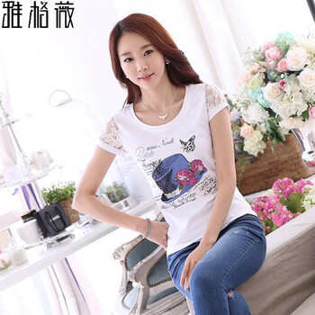 
                                        俪韵小屋短袖t恤女纯白色夏季半袖tshirt圆领nv修身蕾丝拼接上衣919 白色 M                