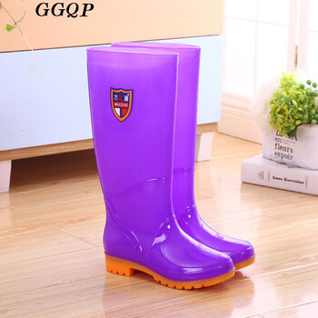 ggqp女款高筒雨鞋防水胶鞋防滑水鞋色保暖长筒雨靴可拆 紫色(无绒) 40