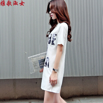 雅歌淑女 2015夏装新款韩版中长款宽松连衣裙大码修身显瘦字母休闲短袖t恤时尚女装 图片色 M
