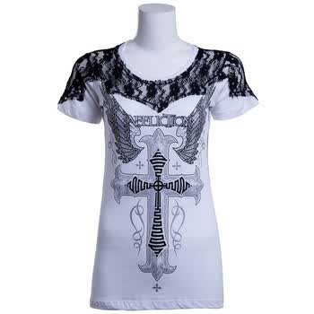 affliction 女款白色神圣十字架个性时尚t恤s码 aw10087 wh