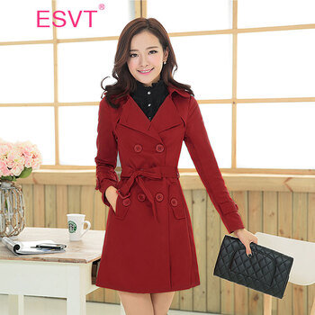 ESVT 韩版2015秋装新款时尚修身显瘦翻领长袖双排扣中长款风衣 女 配腰带 酒红色 XL