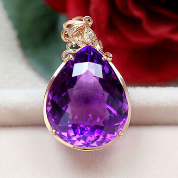 紫水晶吊坠 18k玫瑰金镶嵌钻石 彩色宝石紫晶吊坠项链女 默认送银链
