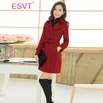 ESVT 韩版2015秋装新款时尚修身显瘦翻领长袖双排扣中长款风衣 女 配腰带 酒红色 XL