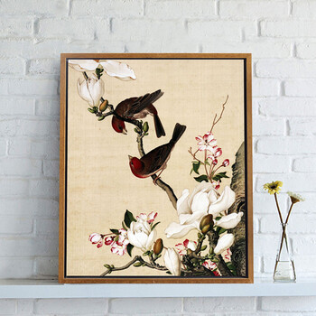 郎世宁工笔画喜上枝头电表箱画卧室床头客厅壁画挂件油画摆件海棠玉兰